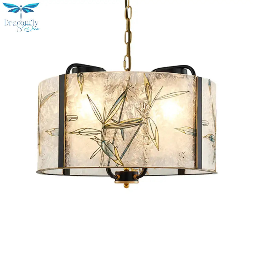 Classic Drum Suspension Pendant 4 Lights White Glass Pendulum Light For Living Room