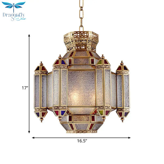 Classic Lantern Pendant Light 4 - Head Frosted Glass Chandelier Lighting Fixture In Brass For