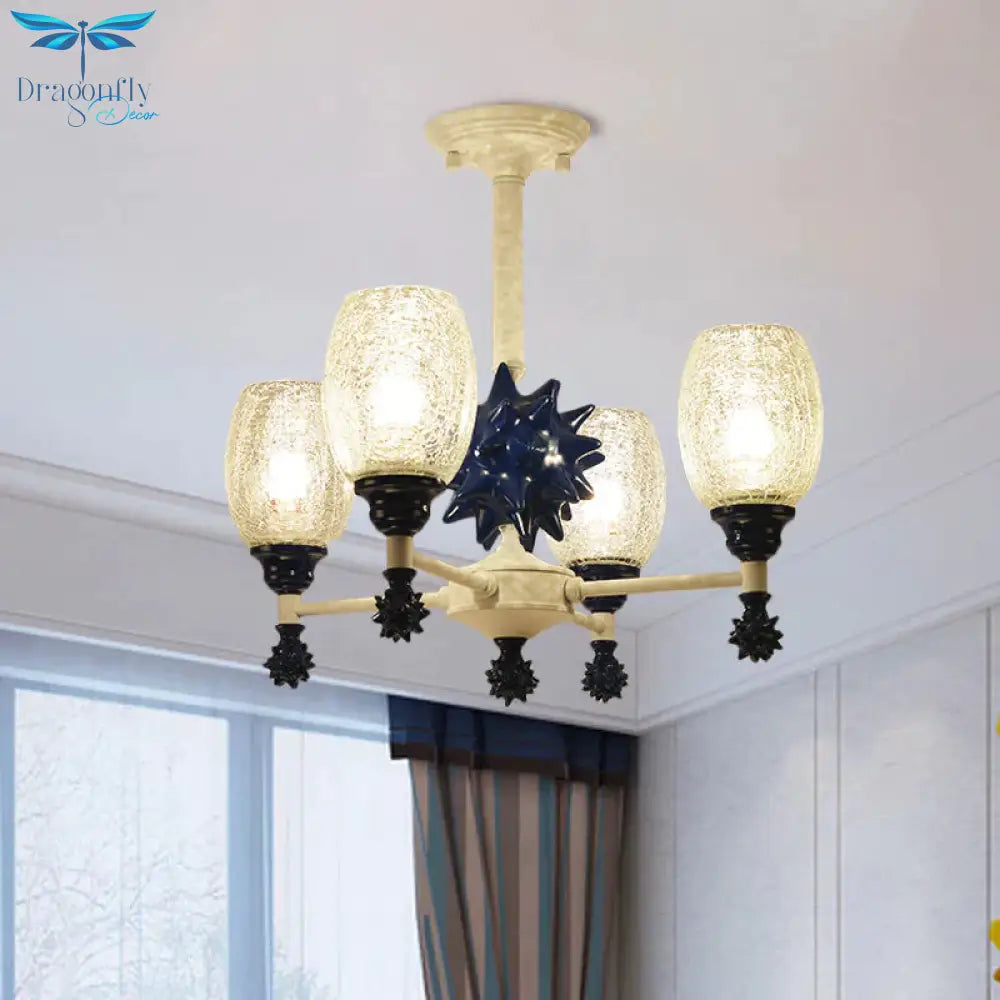Clear Crackle Glass Cup - Like Pendant Coastal 4 - Bulb Gold/Dark Blue Chandelier Lighting With Sea