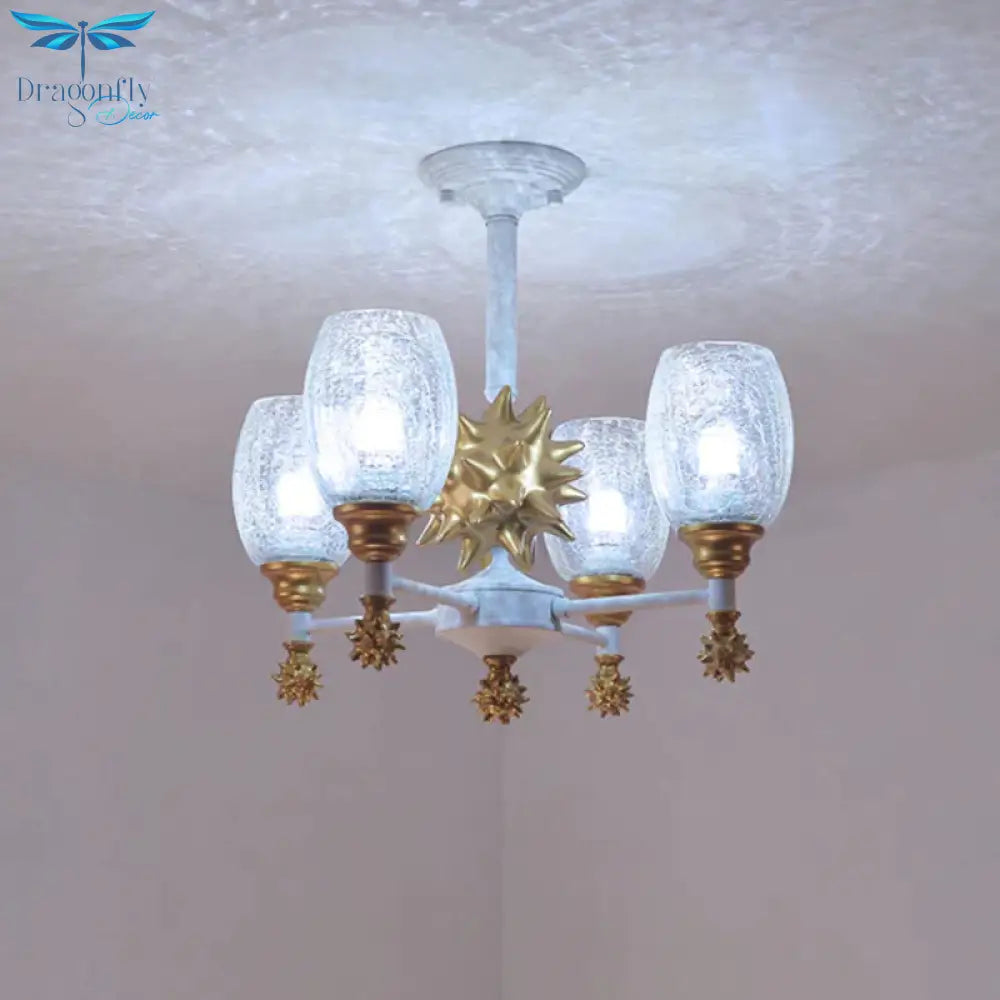 Clear Crackle Glass Cup - Like Pendant Coastal 4 - Bulb Gold/Dark Blue Chandelier Lighting With Sea