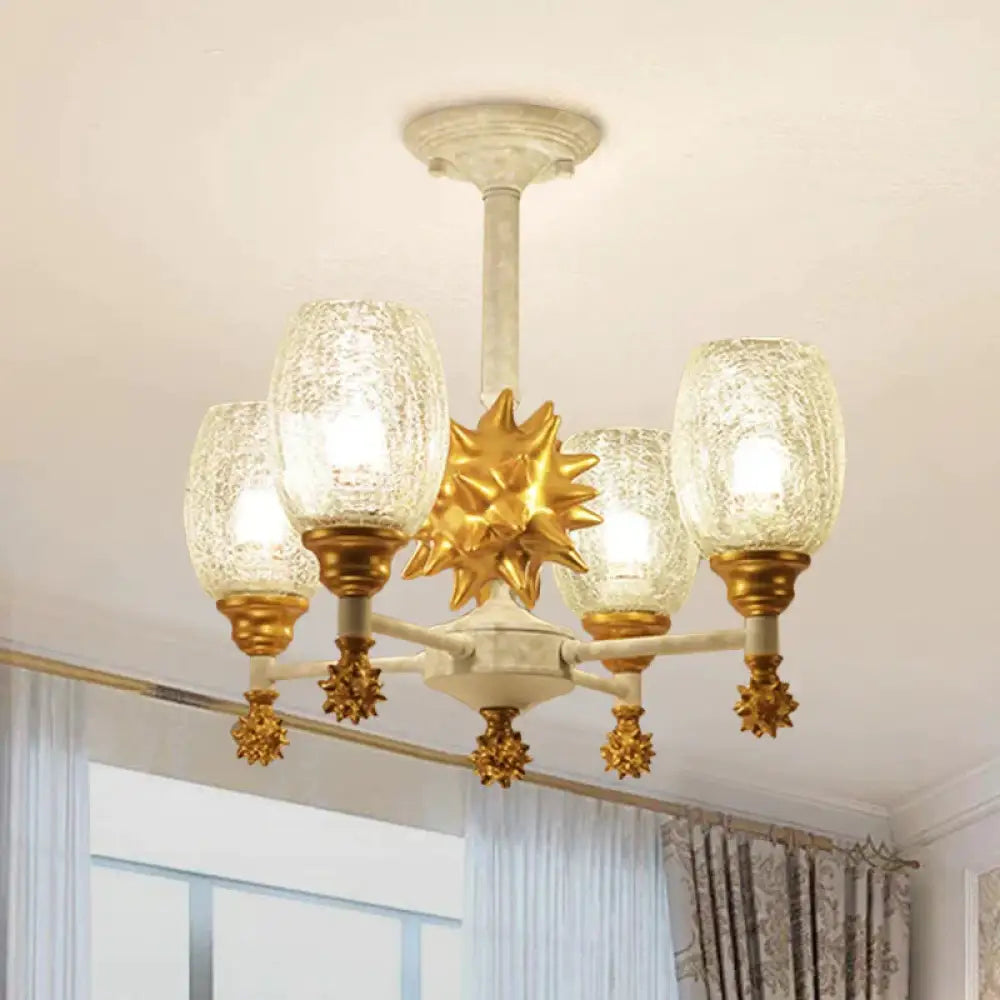 Clear Crackle Glass Cup - Like Pendant Coastal 4 - Bulb Gold/Dark Blue Chandelier Lighting With Sea