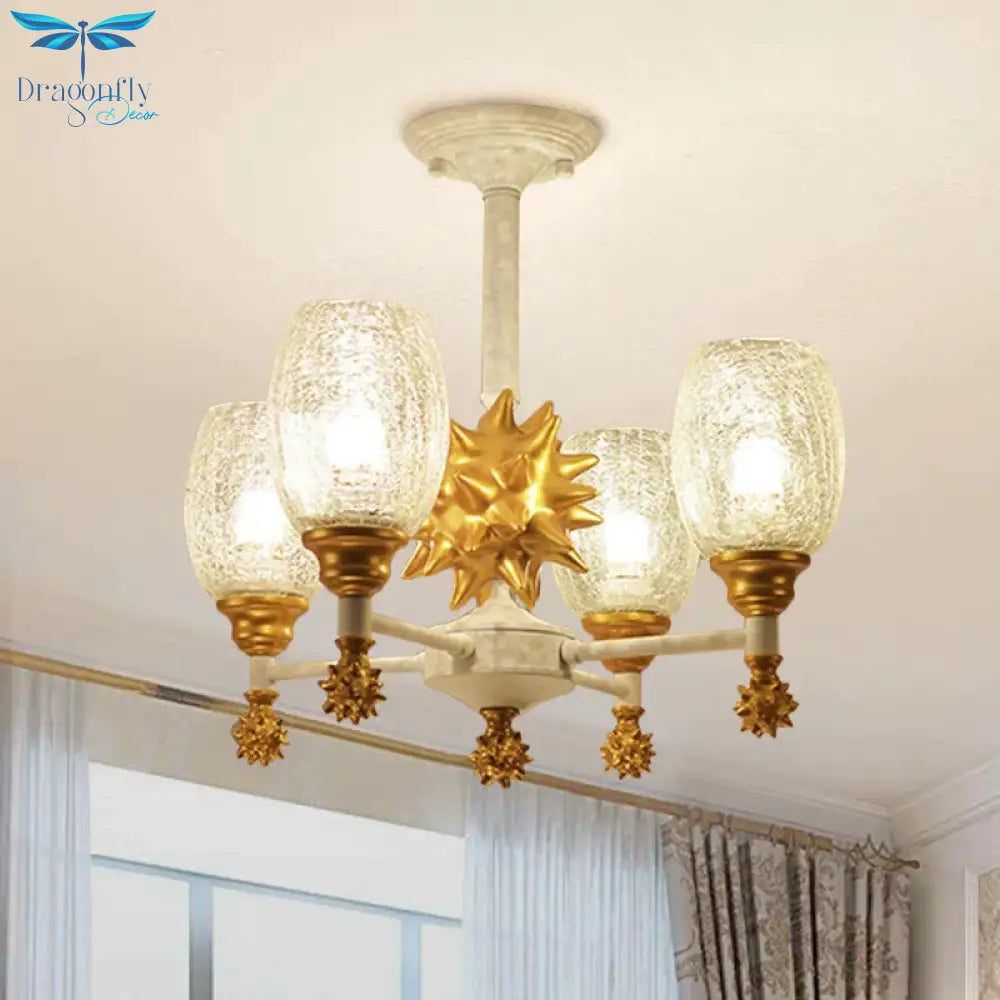 Clear Crackle Glass Cup - Like Pendant Coastal 4 - Bulb Gold/Dark Blue Chandelier Lighting With Sea