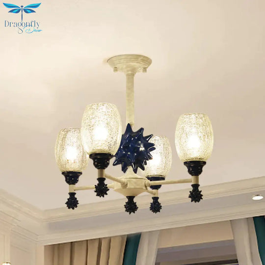 Clear Crackle Glass Cup - Like Pendant Coastal 4 - Bulb Gold/Dark Blue Chandelier Lighting With Sea