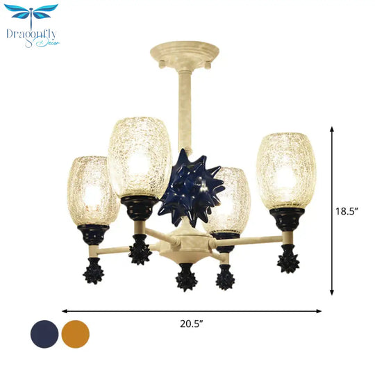Clear Crackle Glass Cup - Like Pendant Coastal 4 - Bulb Gold/Dark Blue Chandelier Lighting With Sea