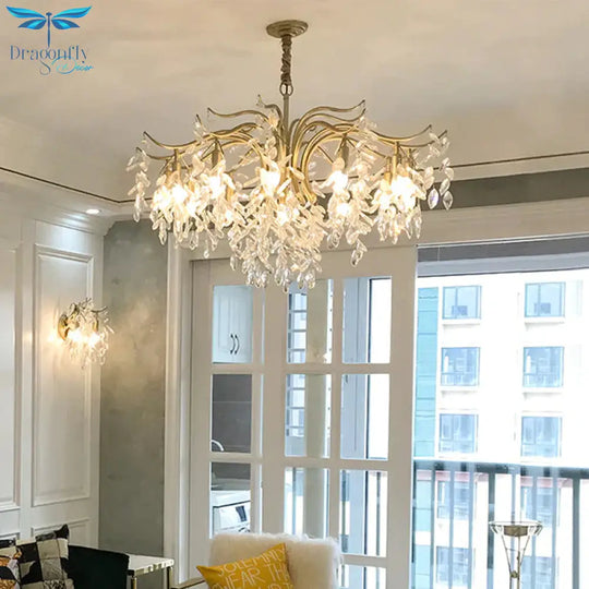 Clear Crystal Curvy Pendant Chandelier Rural 4/7/9 Lights Living Room Hanging Ceiling Light In Brass
