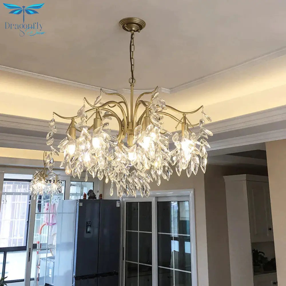 Clear Crystal Curvy Pendant Chandelier Rural 4/7/9 Lights Living Room Hanging Ceiling Light In Brass