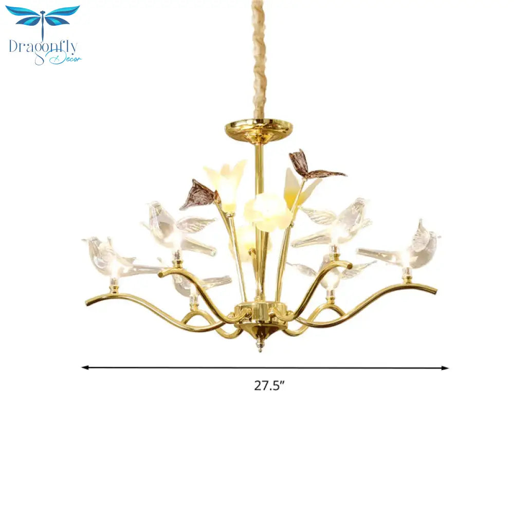 Clear Crystal Flower Hanging Light Kit Postmodern 6 Heads Living Room Ceiling Chandelier In Gold