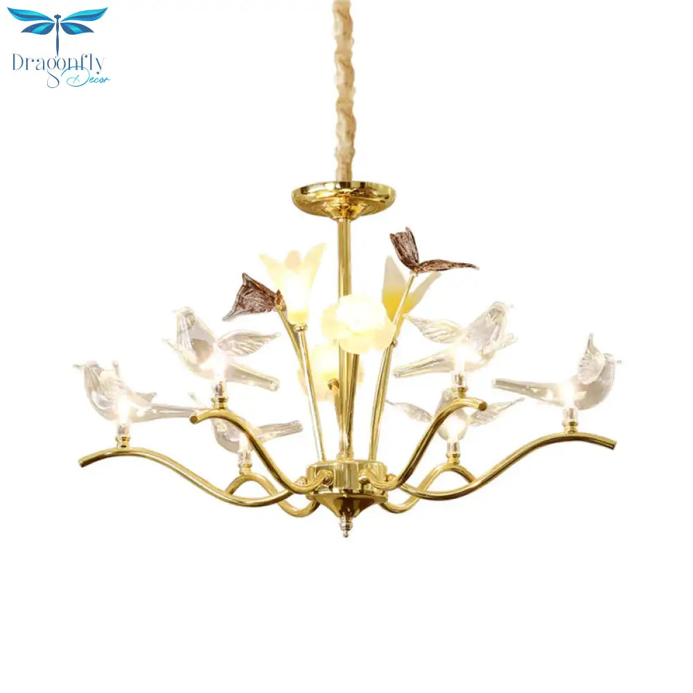 Clear Crystal Flower Hanging Light Kit Postmodern 6 Heads Living Room Ceiling Chandelier In Gold