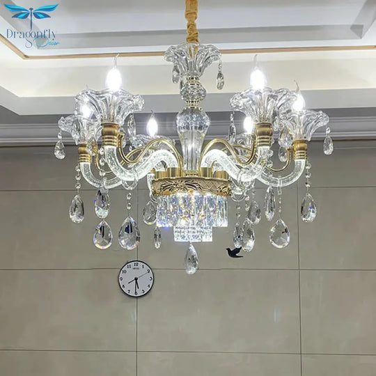 Clear Crystal Gold Suspension Lamp Candlestick 6 Heads Traditional Chandelier Lighting For Hall