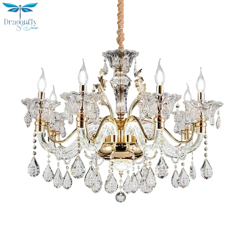 Clear Crystal Teardrop Chandelier Light Classic 6/8 - Light Bedroom Hanging Pendant In Gold With