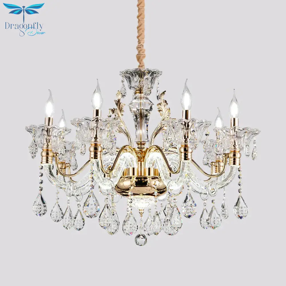 Clear Crystal Teardrop Chandelier Light Classic 6/8 - Light Bedroom Hanging Pendant In Gold With