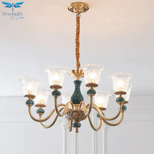 Clear Glass Bloom Hanging Light Antique 3/8 Heads Dining Room Chandelier Lighting In Gold