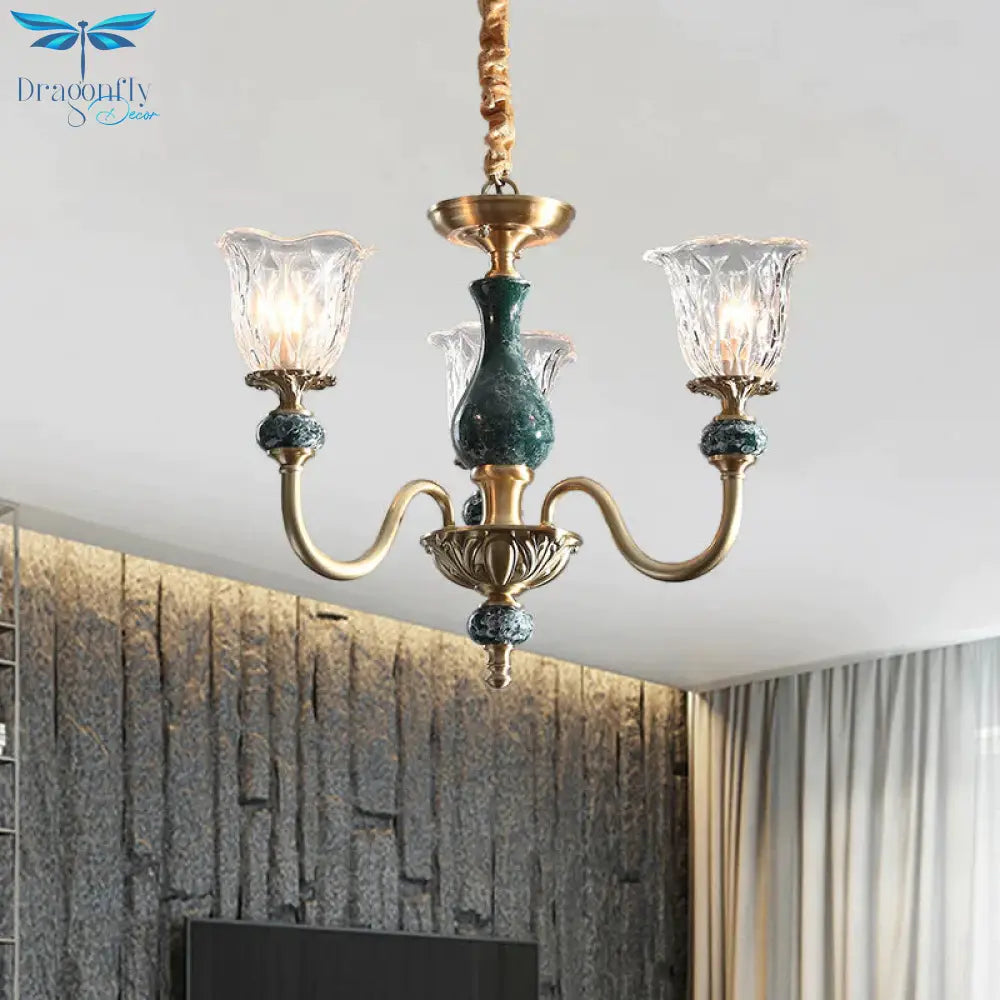 Clear Glass Bloom Hanging Light Antique 3/8 Heads Dining Room Chandelier Lighting In Gold