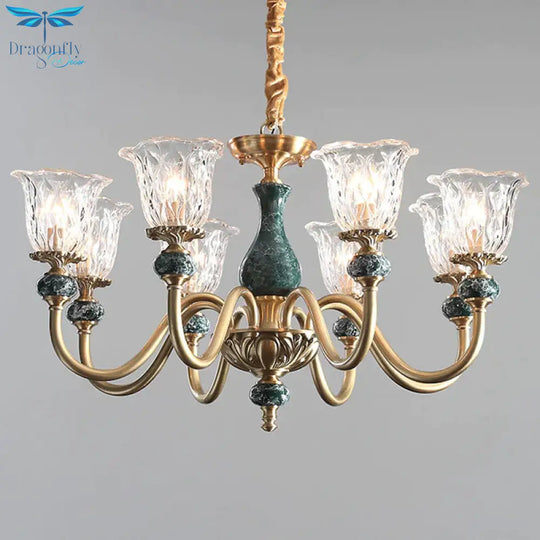 Clear Glass Bloom Hanging Light Antique 3/8 Heads Dining Room Chandelier Lighting In Gold