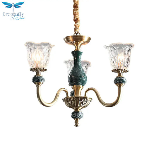 Clear Glass Bloom Hanging Light Antique 3/8 Heads Dining Room Chandelier Lighting In Gold