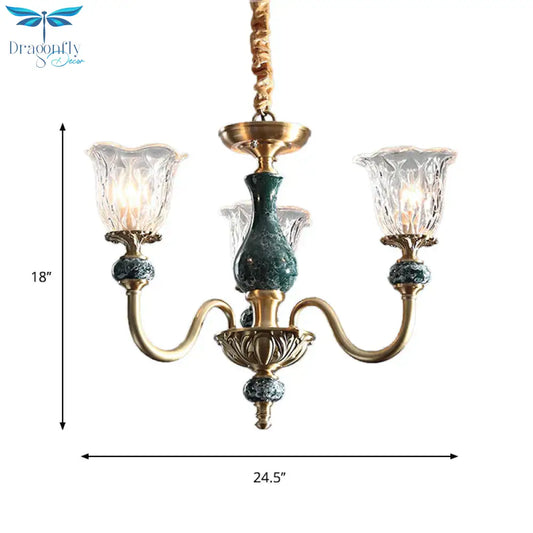 Clear Glass Bloom Hanging Light Antique 3/8 Heads Dining Room Chandelier Lighting In Gold