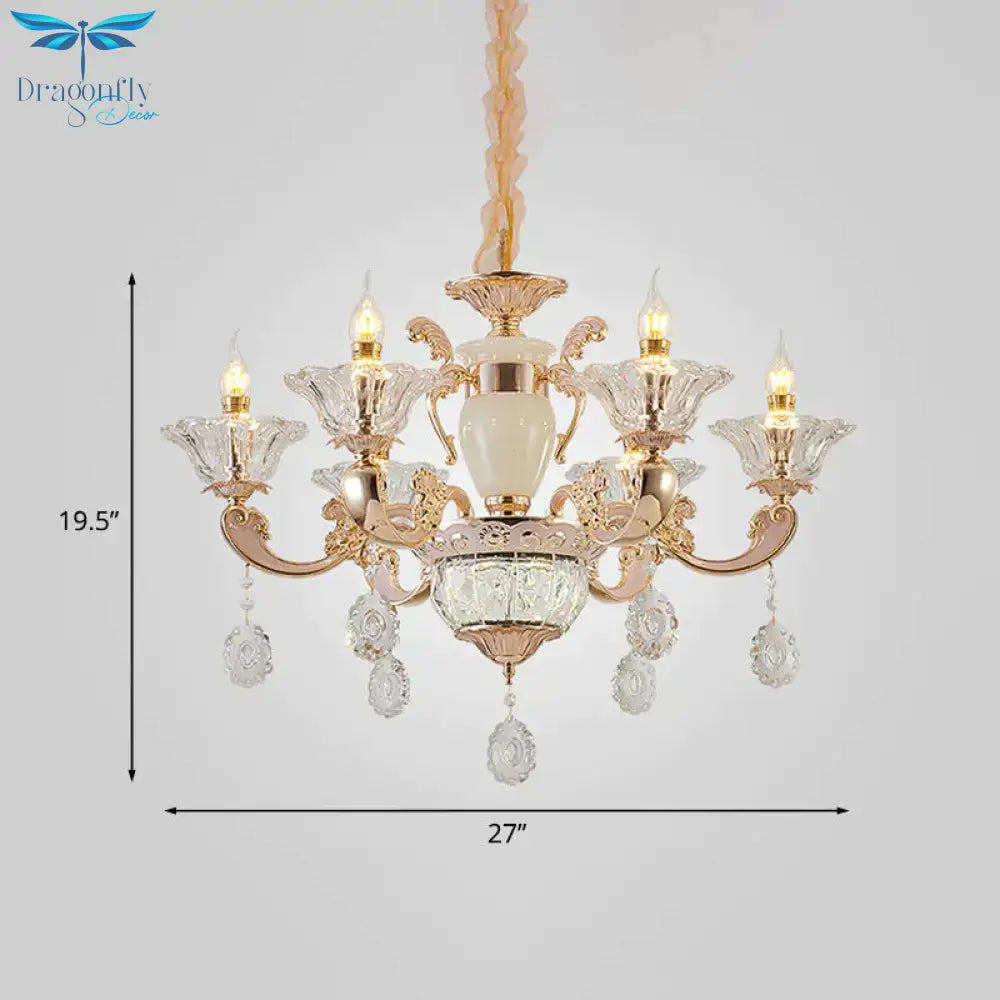 Clear Glass Candle Chandelier Traditional 6/8 Heads Bedroom Hanging Light In Gold With Crystal
