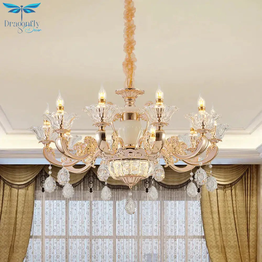 Clear Glass Candle Chandelier Traditional 6/8 Heads Bedroom Hanging Light In Gold With Crystal