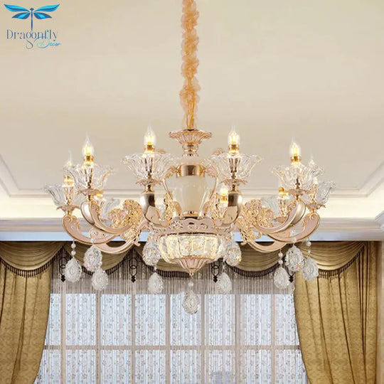 Clear Glass Candle Chandelier Traditional 6/8 Heads Bedroom Hanging Light In Gold With Crystal