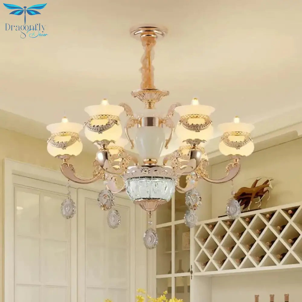 Clear Glass Candle Chandelier Traditional 6/8 Heads Bedroom Hanging Light In Gold With Crystal