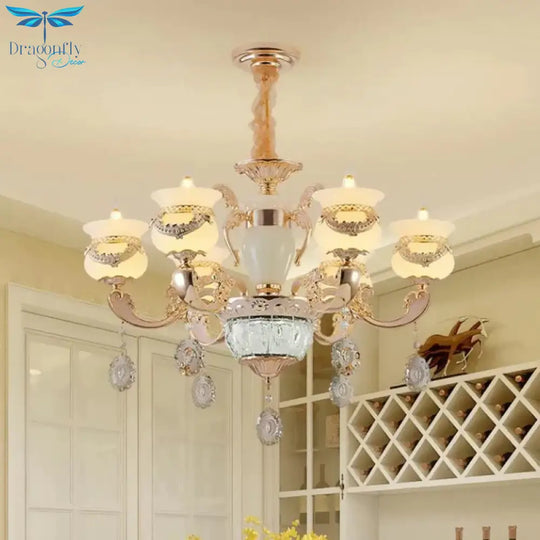 Clear Glass Candle Chandelier Traditional 6/8 Heads Bedroom Hanging Light In Gold With Crystal