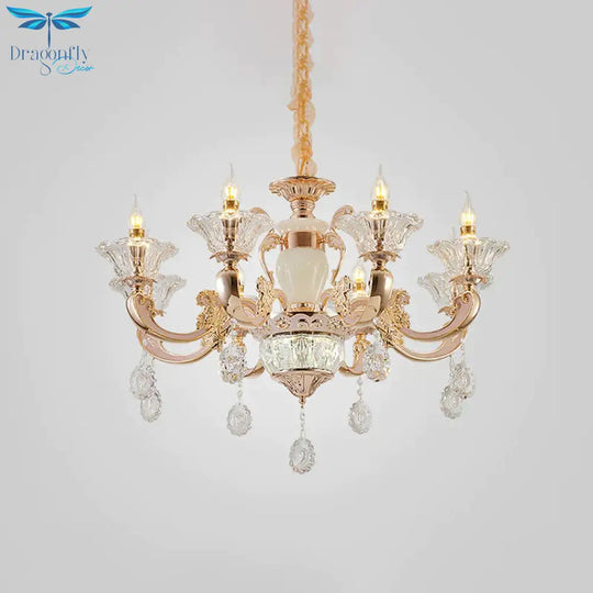 Clear Glass Candle Chandelier Traditional 6/8 Heads Bedroom Hanging Light In Gold With Crystal