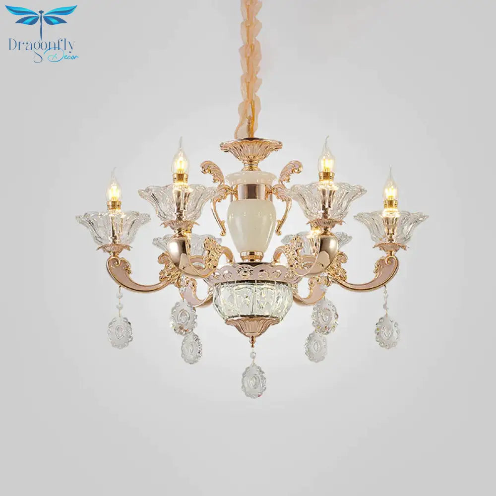 Clear Glass Candle Chandelier Traditional 6/8 Heads Bedroom Hanging Light In Gold With Crystal