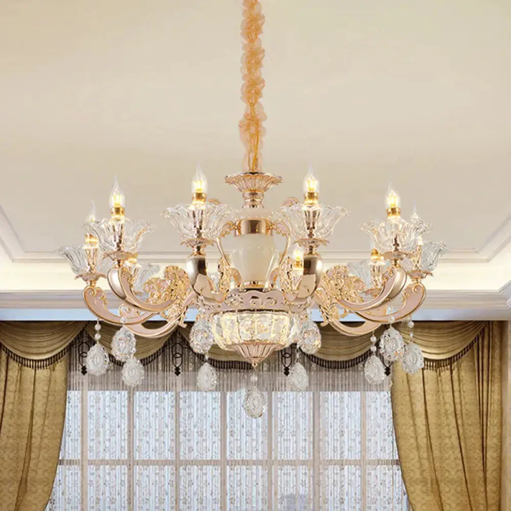 Clear Glass Candle Chandelier Traditional 6/8 Heads Bedroom Hanging Light In Gold With Crystal