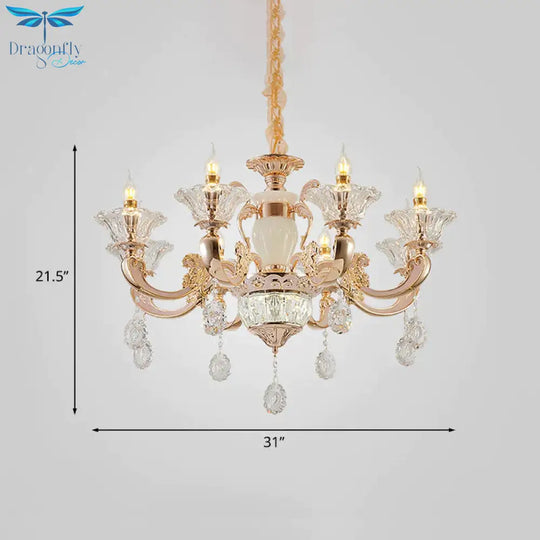 Clear Glass Candle Chandelier Traditional 6/8 Heads Bedroom Hanging Light In Gold With Crystal