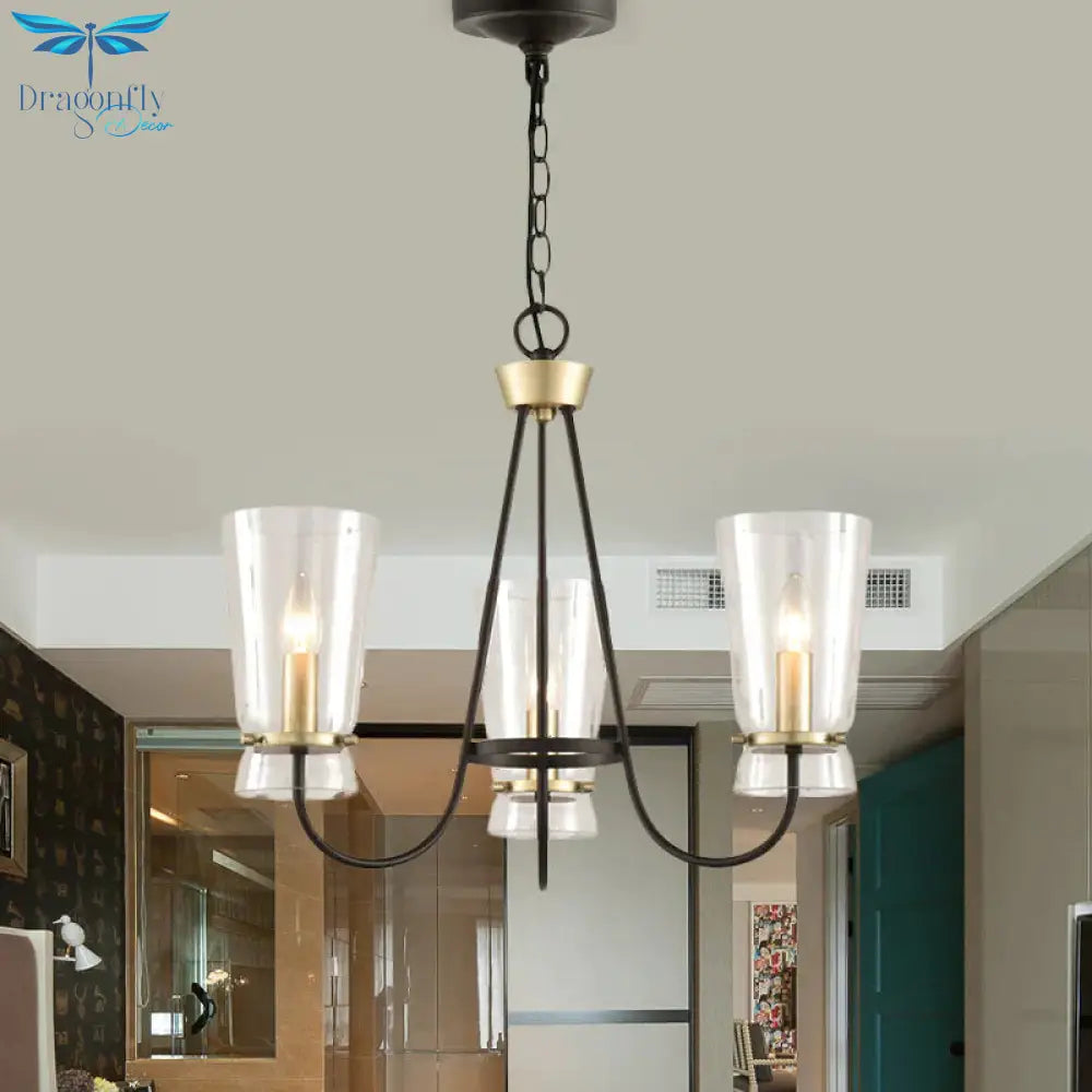 Clear Glass Cone Hanging Chandelier Vintage 3/6 Lights Bedroom Suspension Lamp In Black With