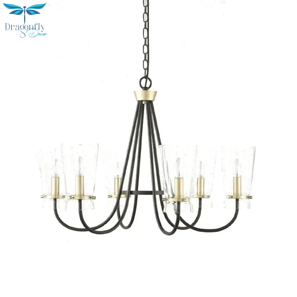 Clear Glass Cone Hanging Chandelier Vintage 3/6 Lights Bedroom Suspension Lamp In Black With