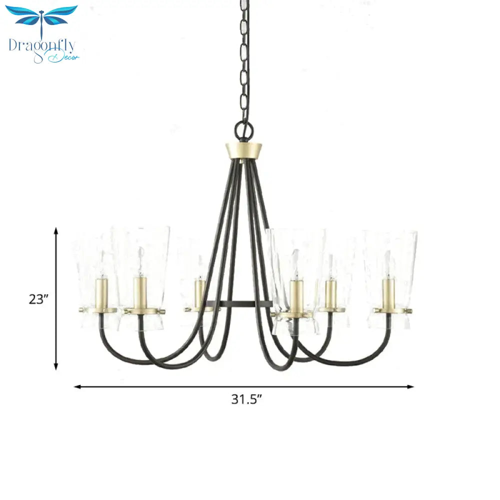 Clear Glass Cone Hanging Chandelier Vintage 3/6 Lights Bedroom Suspension Lamp In Black With