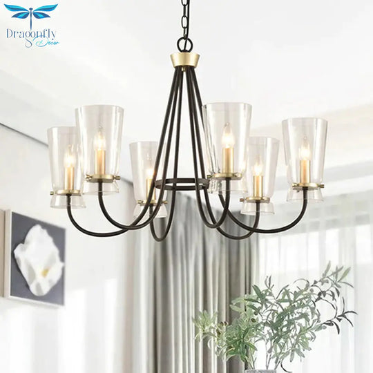 Clear Glass Cone Hanging Chandelier Vintage 3/6 Lights Bedroom Suspension Lamp In Black With