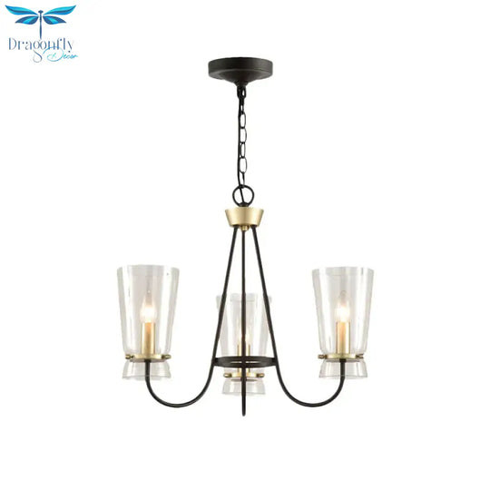 Clear Glass Cone Hanging Chandelier Vintage 3/6 Lights Bedroom Suspension Lamp In Black With