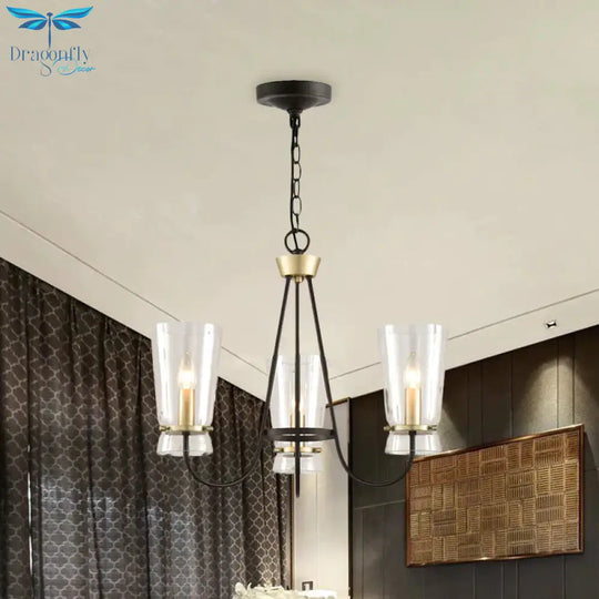 Clear Glass Cone Hanging Chandelier Vintage 3/6 Lights Bedroom Suspension Lamp In Black With