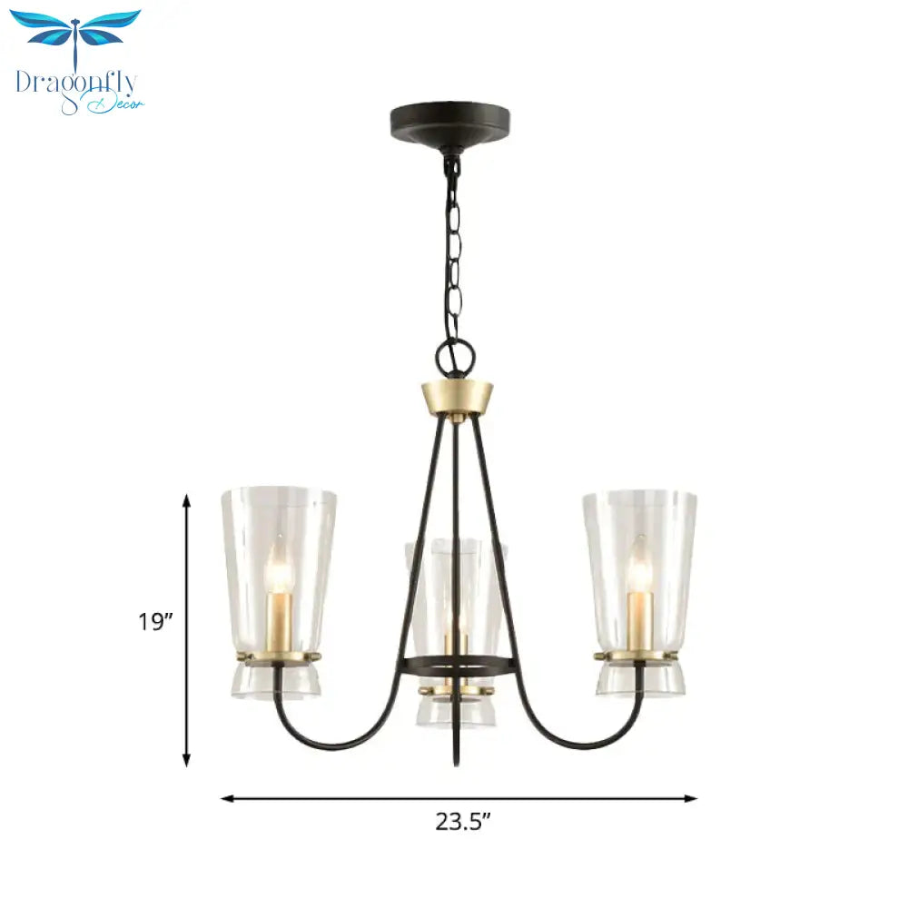 Clear Glass Cone Hanging Chandelier Vintage 3/6 Lights Bedroom Suspension Lamp In Black With
