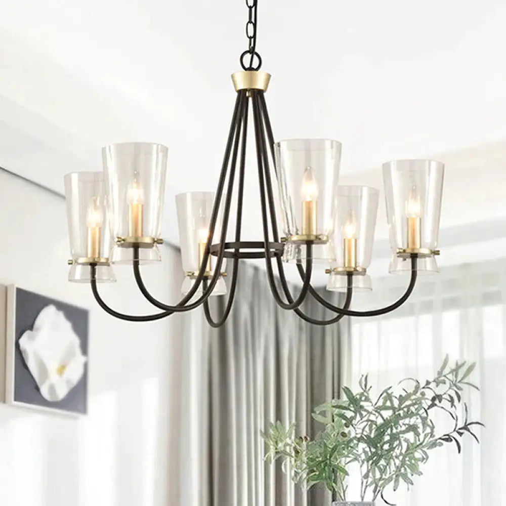 Clear Glass Cone Hanging Chandelier Vintage 3/6 Lights Bedroom Suspension Lamp In Black With