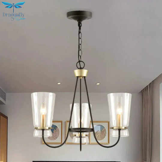 Clear Glass Cone Hanging Chandelier Vintage 3/6 Lights Bedroom Suspension Lamp In Black With