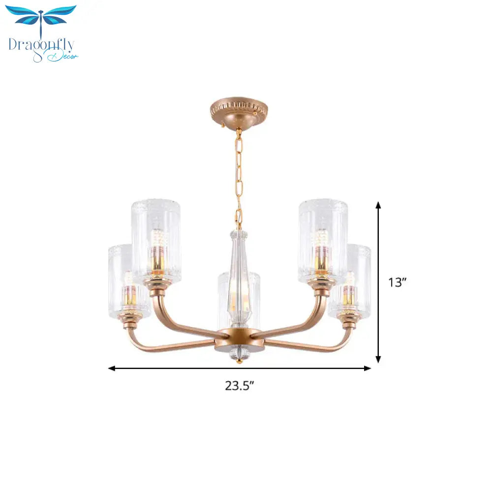 Clear Glass Cylinder Chandelier Light Vintage 3/5/6/8 Heads Lighting Fixture In Gold