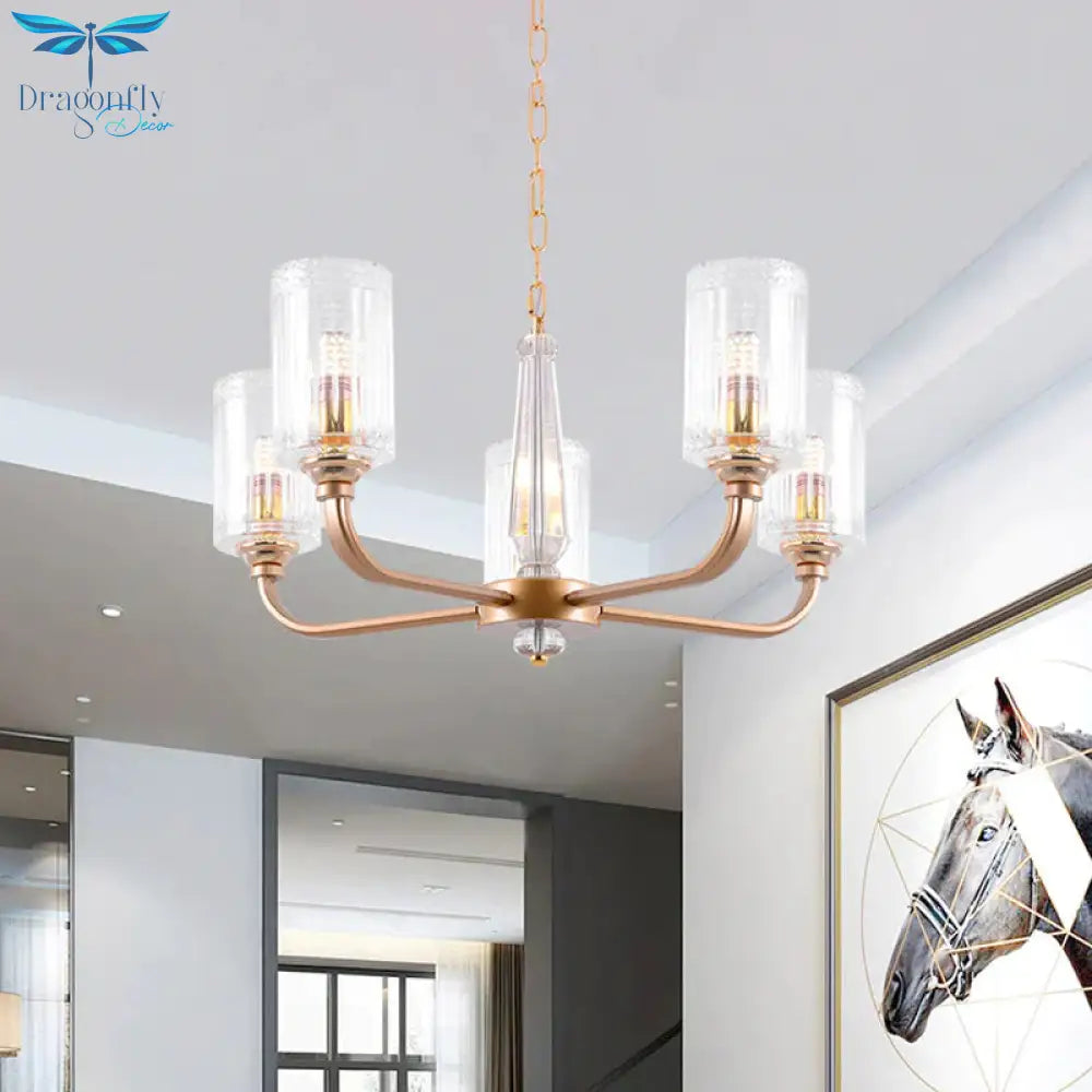 Clear Glass Cylinder Chandelier Light Vintage 3/5/6/8 Heads Lighting Fixture In Gold