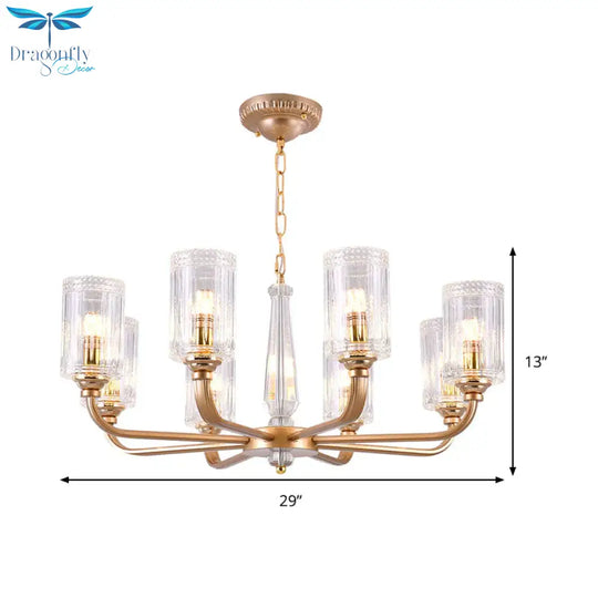 Clear Glass Cylinder Chandelier Light Vintage 3/5/6/8 Heads Lighting Fixture In Gold