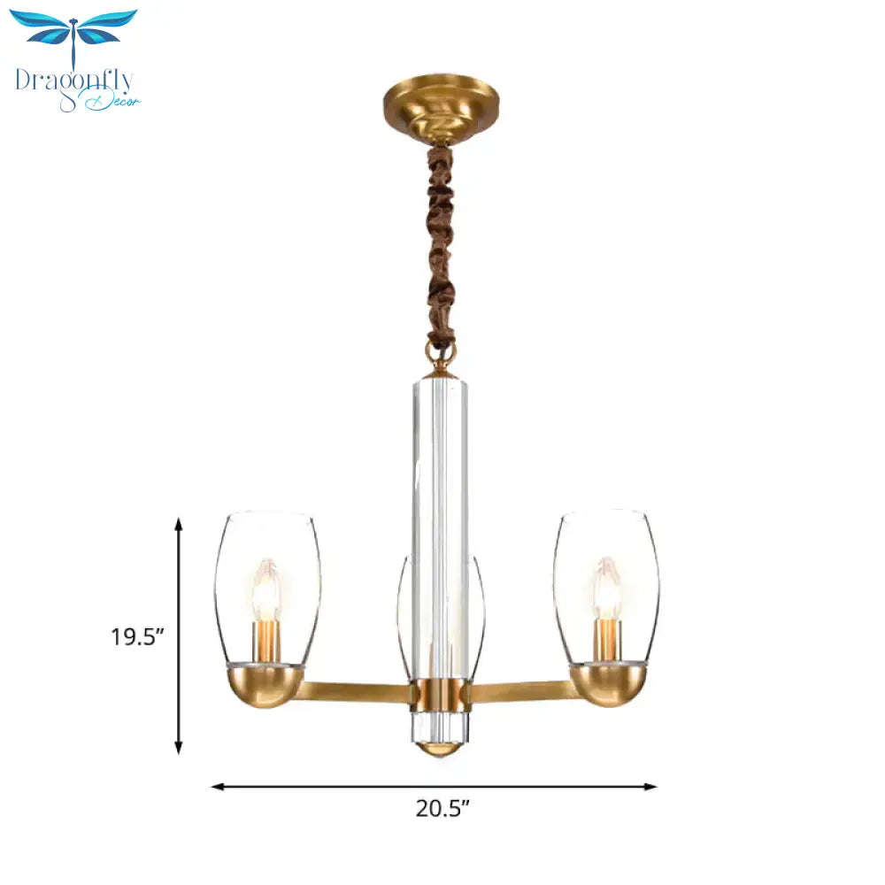 Clear Glass Gold Chandelier Lamp Oval 3/6 - Bulb Colonialist Suspension Pendant With Starburst