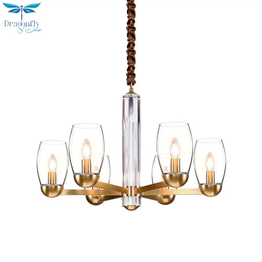Clear Glass Gold Chandelier Lamp Oval 3/6 - Bulb Colonialist Suspension Pendant With Starburst