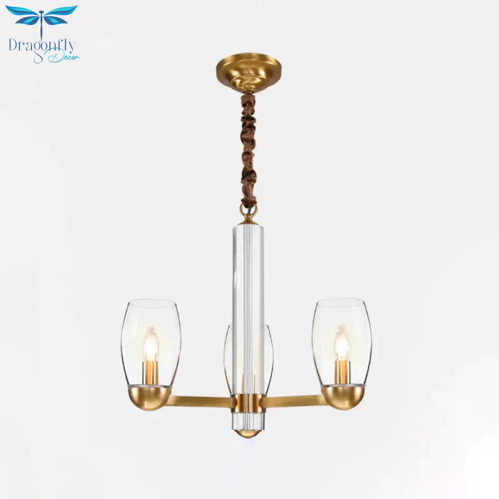 Clear Glass Gold Chandelier Lamp Oval 3/6 - Bulb Colonialist Suspension Pendant With Starburst