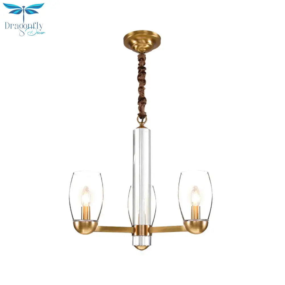 Clear Glass Gold Chandelier Lamp Oval 3/6 - Bulb Colonialist Suspension Pendant With Starburst