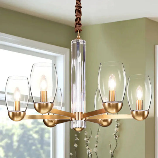 Clear Glass Gold Chandelier Lamp Oval 3/6 - Bulb Colonialist Suspension Pendant With Starburst