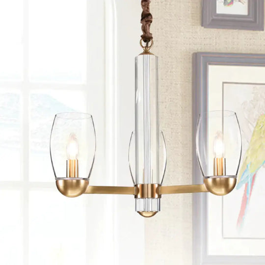 Clear Glass Gold Chandelier Lamp Oval 3/6 - Bulb Colonialist Suspension Pendant With Starburst