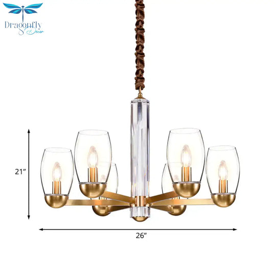 Clear Glass Gold Chandelier Lamp Oval 3/6 - Bulb Colonialist Suspension Pendant With Starburst