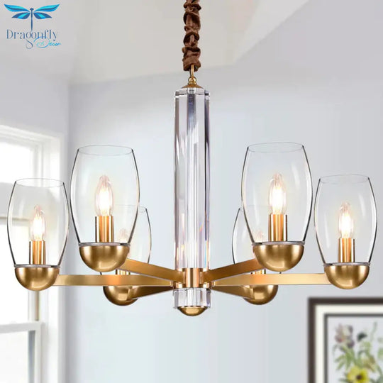 Clear Glass Gold Chandelier Lamp Oval 3/6 - Bulb Colonialist Suspension Pendant With Starburst