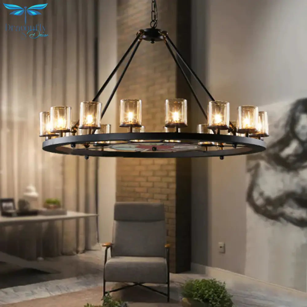 Clear Glass Wagon Wheel Hanging Chandelier Classic 12/16 Lights Living Room Pendant Light With